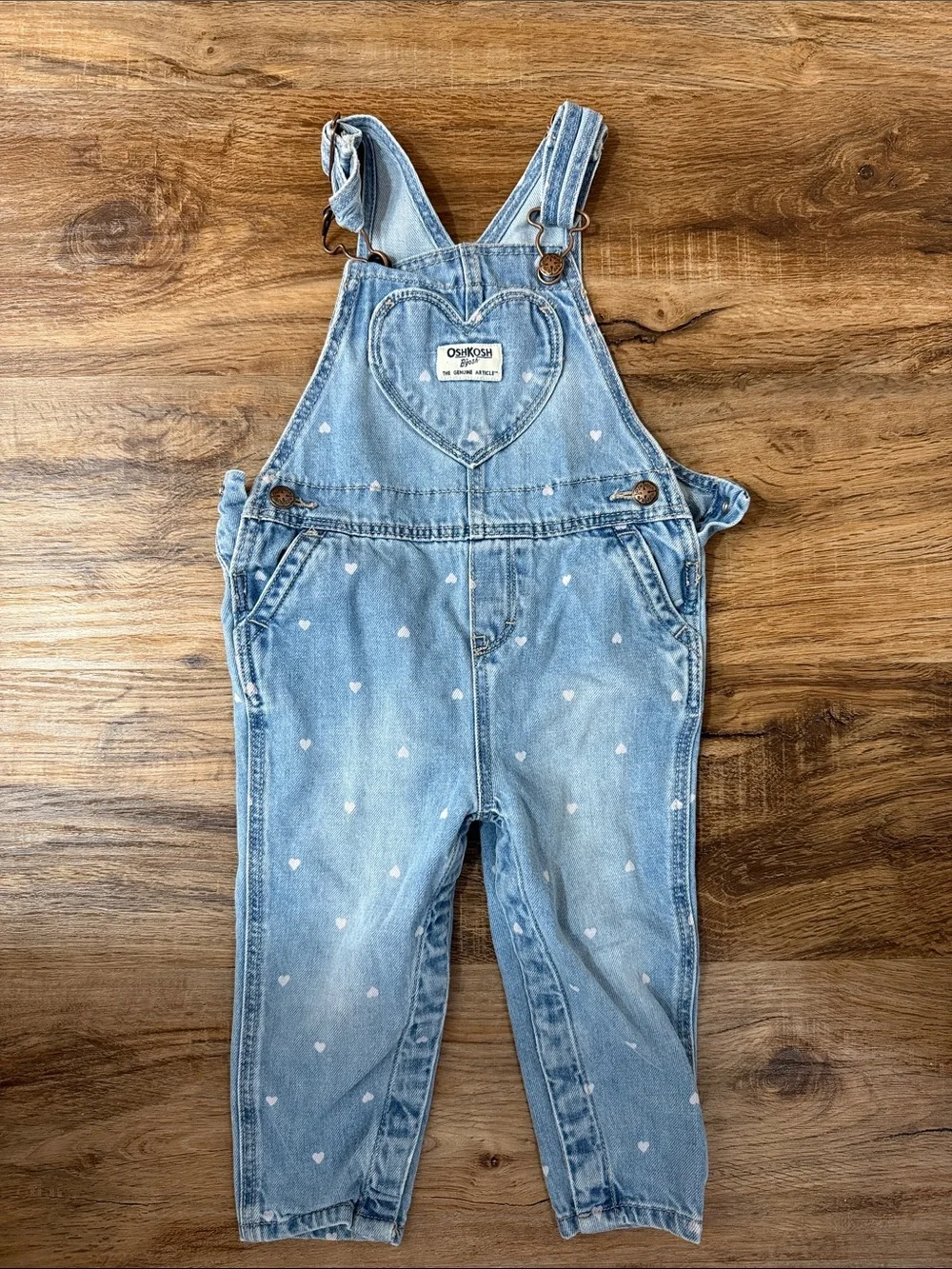 OshKosh B'gosh Girls Light Blue Denim Overalls with White Heart Print 18m